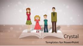  Presentation with book - PPT layouts featuring school girl education objects symbols - drawing of a happy family background and a  colored foreground