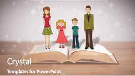  Presentation with book - Theme enhanced with school girl education objects symbols - drawing of a happy family background and a coral colored foreground