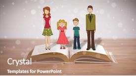  Presentation with book - Theme with school girl education objects symbols - drawing of a happy family background and a  colored foreground