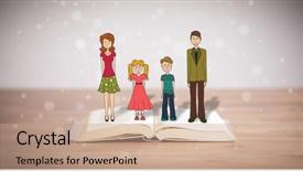  Presentation with book - PPT theme featuring school girl education objects symbols - drawing of a happy family background and a coral colored foreground