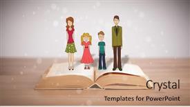  Presentation with book - Cool new PPT theme with school girl education objects symbols - drawing of a happy family backdrop and a coral colored foreground