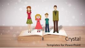  Presentation with book - Colorful slide deck enhanced with school girl education objects symbols - drawing of a happy family backdrop and a  colored foreground