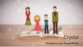  Presentation with school family - PPT theme with school girl education objects symbols - drawing of a happy family background and a  colored foreground