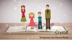  Presentation with school family - PPT theme enhanced with school girl education objects symbols - drawing of a happy family background and a  colored foreground