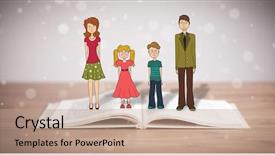  Presentation with book - PPT theme enhanced with school girl education objects symbols - drawing of a happy family background and a  colored foreground