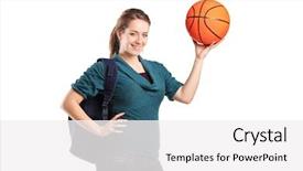  Presentation with basketball - PPT theme with school girl holding a basketball background and a  colored foreground