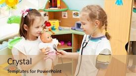  Presentation with school kids - Colorful PPT layouts enhanced with school girl playing with doll backdrop and a coral colored foreground
