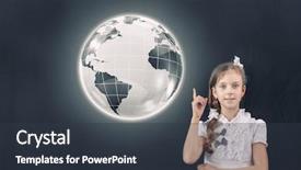  Presentation with globe - Amazing presentation design having school girl pointing at globe backdrop and a  colored foreground