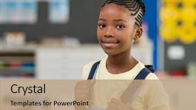  Presentation with black girl - Cool new slide set with school girl standing in classroom backdrop and a coral colored foreground