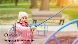  Presentation with playground - PPT theme consisting of school-girl-with-backpack-playing background and a coral colored foreground