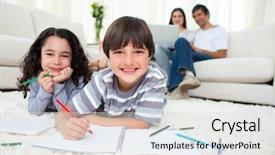  Presentation with children parents - PPT theme featuring school house - cute children drawing lying background and a light gray colored foreground