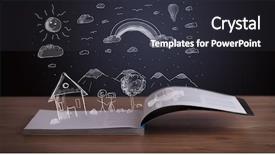  Presentation with hand drawn school - Slide deck with school house - open book with hand drawn background and a dark gray colored foreground