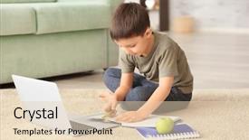  Presentation with homework - Slide deck featuring school information - cute little boy using laptop background and a lemonade colored foreground