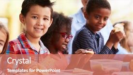  Presentation with crackers school lunch - PPT theme featuring school kids eating packed lunches background and a coral colored foreground