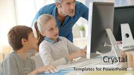  Presentation with school computer labs - Colorful slide set enhanced with computacion - teacher with school kids backdrop and a coral colored foreground