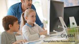  Presentation with school computer labs - PPT theme enhanced with computacion - teacher with school kids background and a mint green colored foreground