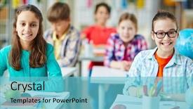  Presentation with school kids - PPT layouts having school kids sitting at desk background and a  colored foreground