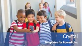  Presentation with school class arabic kids - Cool new PPT layouts with school kids taking selfie on mobile phone in corridor at school backdrop and a ocean colored foreground