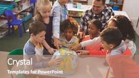  Presentation with earth kids - Beautiful presentation theme featuring school kids the earth globe backdrop and a coral colored foreground