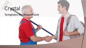  Presentation with welcome aboard new staff - Slide deck with experienced tradesman welcoming his new background and a white colored foreground