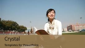  Presentation with books - Theme with school life - young asian girl holding books background and a coral colored foreground