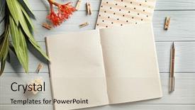  Presentation with notebook - Colorful slide deck enhanced with school logo - blank opened notebook and flowers backdrop and a soft green colored foreground