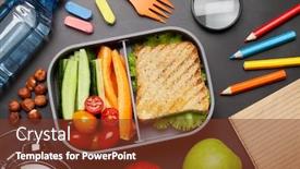  Presentation with school lunch - Audience pleasing PPT theme consisting of school-lunch-box-and-education backdrop and a tawny brown colored foreground