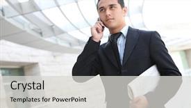  Presentation with company - Slides featuring school management - handsome business man at his background and a light gray colored foreground