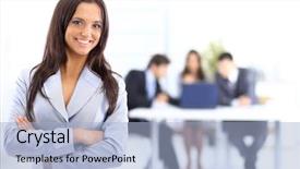  Presentation with team meeting - PPT theme with school management - portrait of successful businesswoman background and a light blue colored foreground