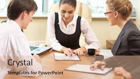  Presentation with meeting table - Beautiful PPT theme featuring school meeting - team of successful business people backdrop and a coral colored foreground