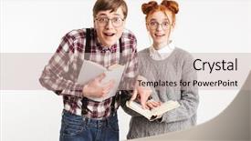  Presentation with comic couple - Presentation enhanced with school nerds holding book background and a mint green colored foreground