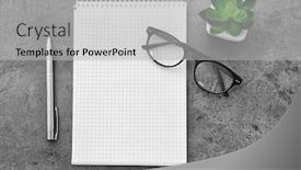 Presentation with green notebook - PPT layouts featuring school notebook with glasses and green plant on table background and a light gray colored foreground