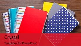  Presentation with notebook - Slides having school notebooks on wooden background background and a crimson colored foreground