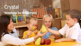  Presentation with teacher - Amazing PPT theme having teachers apple - teacher and three preschoolers having backdrop and a tawny brown colored foreground
