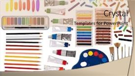  Presentation with artistic - Amazing slide set having school objects - brushes paint pencils and other backdrop and a coral colored foreground