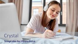  Presentation with student writing - PPT theme having school-online-education-and-e background and a lemonade colored foreground