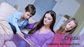  Presentation with new home - Beautiful PPT theme featuring school photo album - young mother read book backdrop and a light blue colored foreground