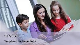  Presentation with reading for kids - PPT theme having school photo album - young mother read book background and a  colored foreground