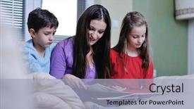  Presentation with photo album - Colorful PPT theme enhanced with school photo album - young mother read book backdrop and a light gray colored foreground