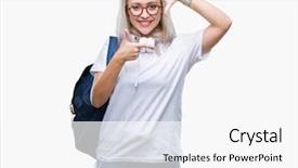  Presentation with young woman wearing boxer gloves - Theme enhanced with school photo composite - young blonde student woman wearing background and a  colored foreground