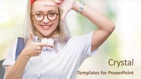  Presentation with student - Presentation theme with school photo composite - young blonde student woman wearing background and a  colored foreground