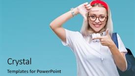  Presentation with student - Presentation theme with school photo composite - young blonde student woman wearing background and a  colored foreground