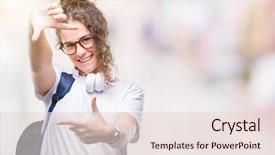  Presentation with student - PPT theme with school photo composite - young brunette student girl wearing background and a  colored foreground