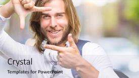  Presentation with long hair man - Colorful slide deck enhanced with school photo composite - young handsome tourist man backdrop and a  colored foreground