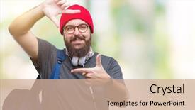  Presentation with young man and a woman - Beautiful presentation theme featuring school photo composite - young hipster man wearing red backdrop and a coral colored foreground