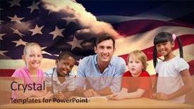  Presentation with american flag - Cool new theme with school portrait - teacher and pupils smiling backdrop and a coral colored foreground