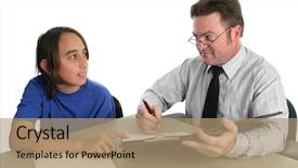  Presentation with principal - PPT theme featuring school principal office - student and teacher going background and a coral colored foreground