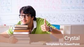  Presentation with periodic table - Slide deck having school property - young male student chemist background and a  colored foreground