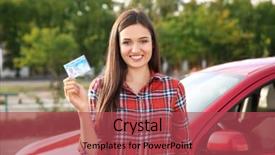  Presentation with patent license agreement licensing business - Cool new slide deck with school rules - happy young woman holding driving backdrop and a red colored foreground