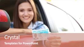  Presentation with driving - PPT theme enhanced with school rules - young happy woman holding driving background and a coral colored foreground